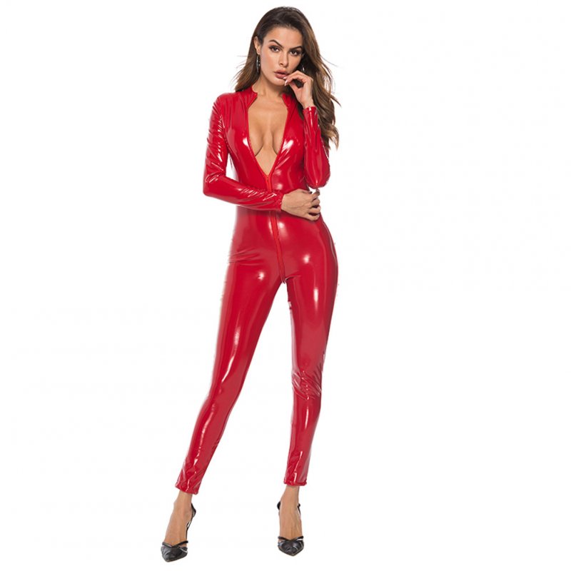 PVC Latex Tights Jumpsuit Wetlook Bodysuit Open Bust Crotchless Faux Leather Catsuit red_4XL