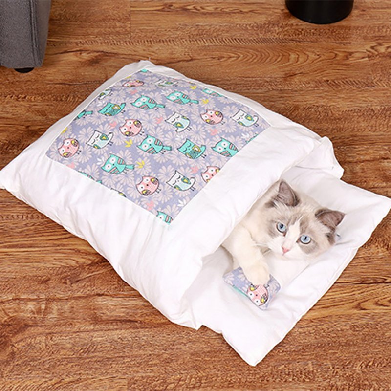 Cat Sleeping Bag Comfortable Breathable Removable Semi-closed Winter Warm Bed Cats Nest Purple Owl