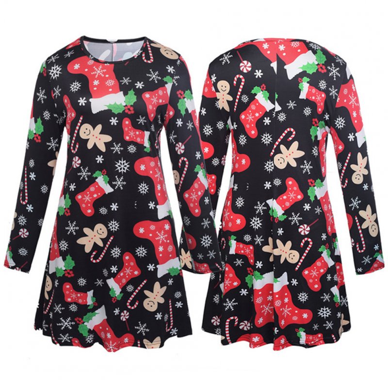 Parent-child Outfit Christmas Snowflake Stockings Printed Long-sleeved Dress Matching Clothes black_S