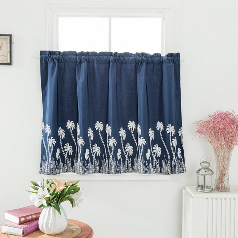 Pastoral Style Embroidered Curtain for Kitchen Door Curtain Decoration Navy blue_74 * 61cm