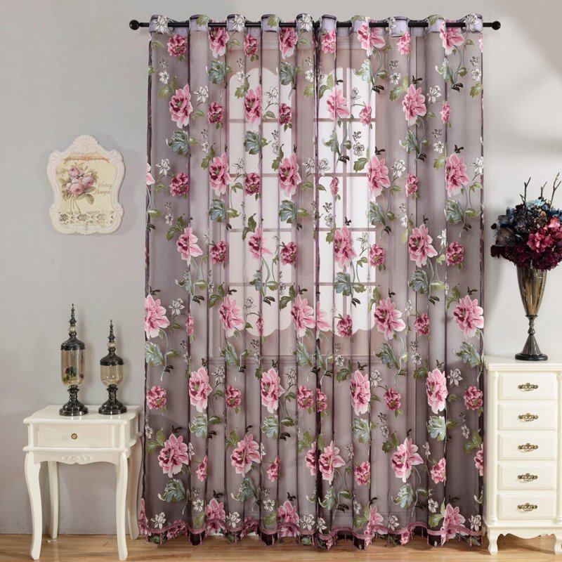 Peomies Embroidered Curtain with Holes Beads Light Transmission Door Window Curtain for Living Room Bedroom 1PC purple_1*2 meters high