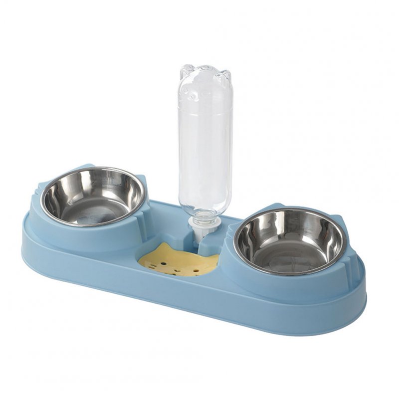 Pet Cat Double Bowls Anti-overturning Neck Protection Dog Automatic Food Bowl Water Dispenser Container Blue stainless steel