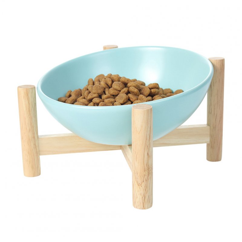 Pet Ceramic Bowl Solid Wood Frame Round Large Feeding Bowl Tilted 15 Degrees to Protect the Cervical Spine Water Bowl  Blue_Small size (bowl diameter 15cm)