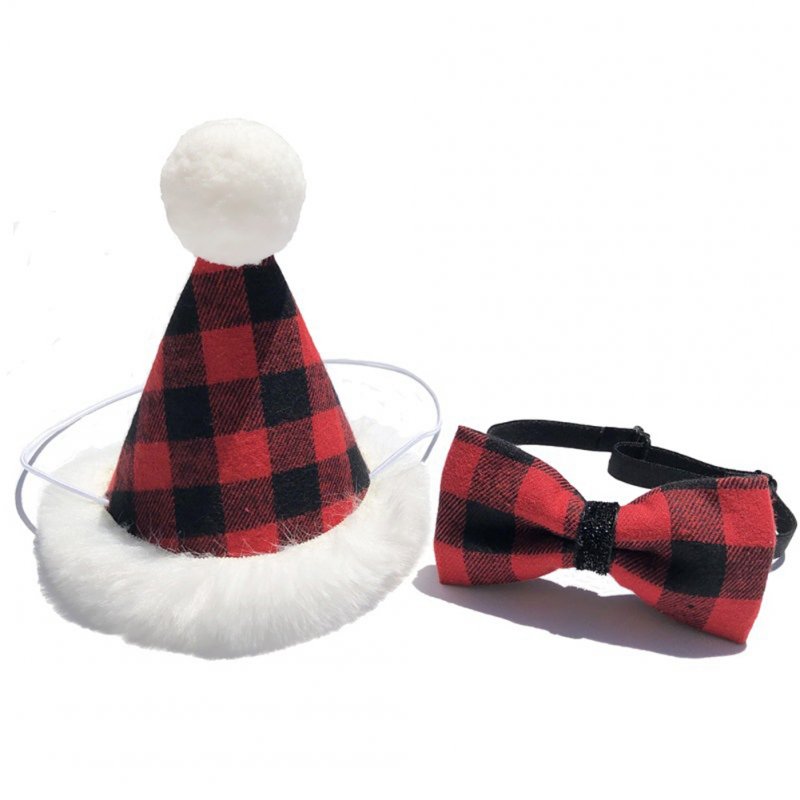 Pet Christmas Hat Plaid Saliva Towel Triangle Scarf Bow Tie