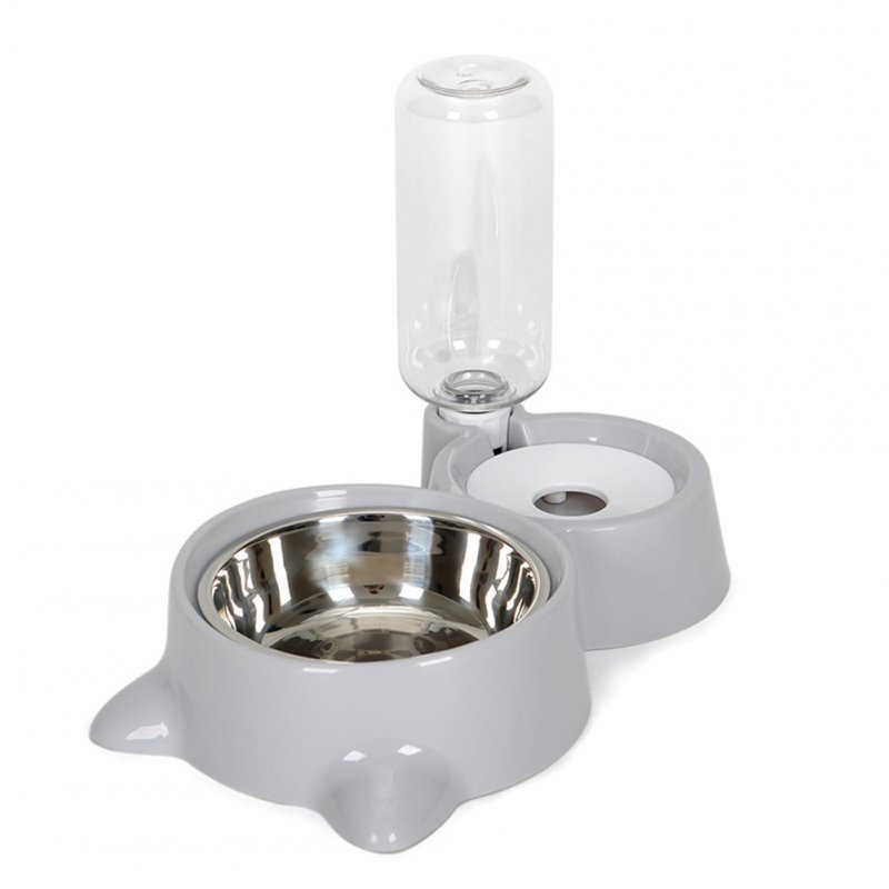 Pet Dual-bowls Automatic Food Feeder Water Fountain No-Wet Mouth for Dog Cat Dispenser gray_L