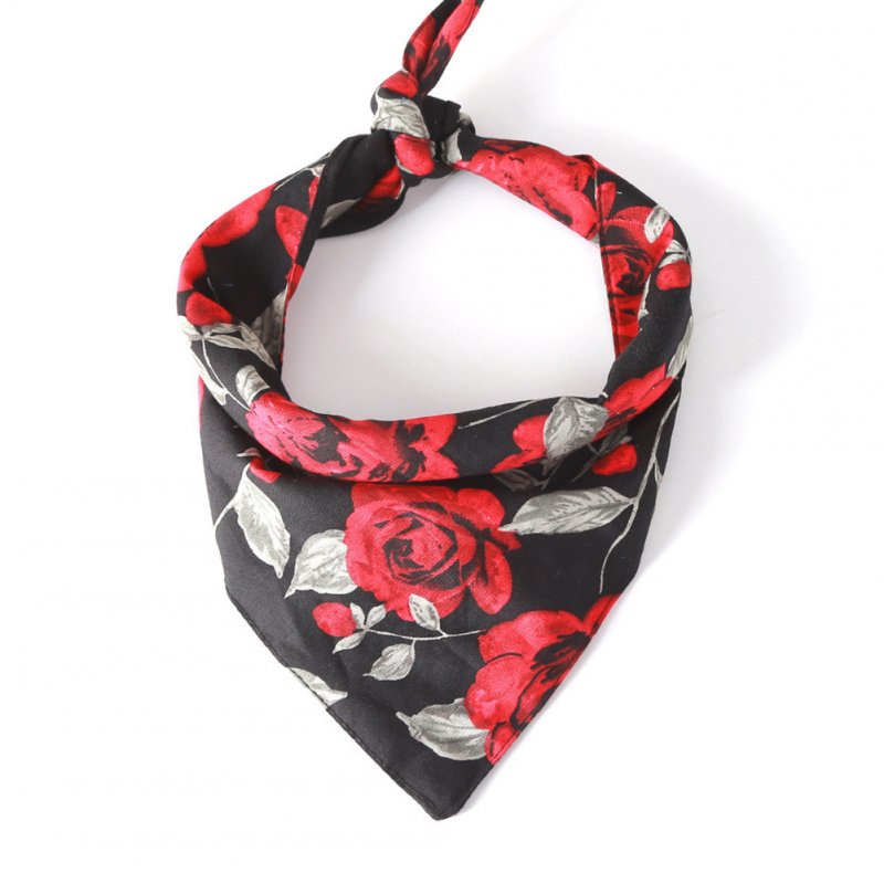 Pet Rose Printing Collar Tie Strap Cotton Scarf Saliva Towel for Cat Dog Wear Black_Neck circumference 25~48CM