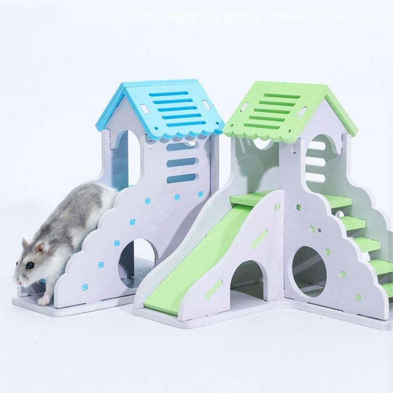 Pet Small Animal Hideout Hamster Hedgehog Guinea Pig House Two Layers Wooden Villa Exercise Play Toys with Ladder  blue_small building with ladder