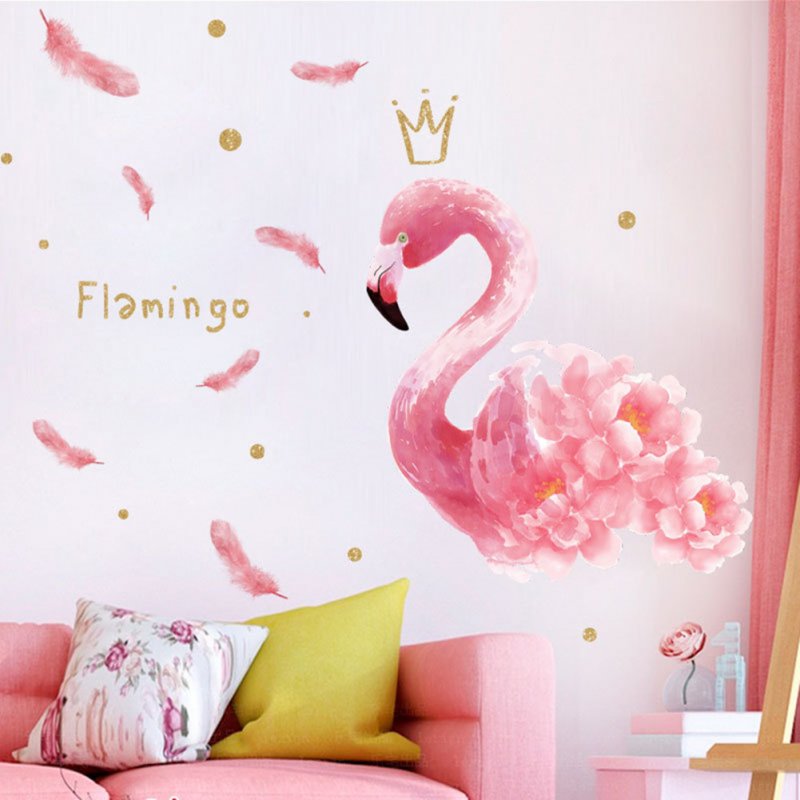 Pink Flamingo Feather Wall Stickers Diy Self-adhesive Girl Room Bedroom Home Decor 40 * 60cm
