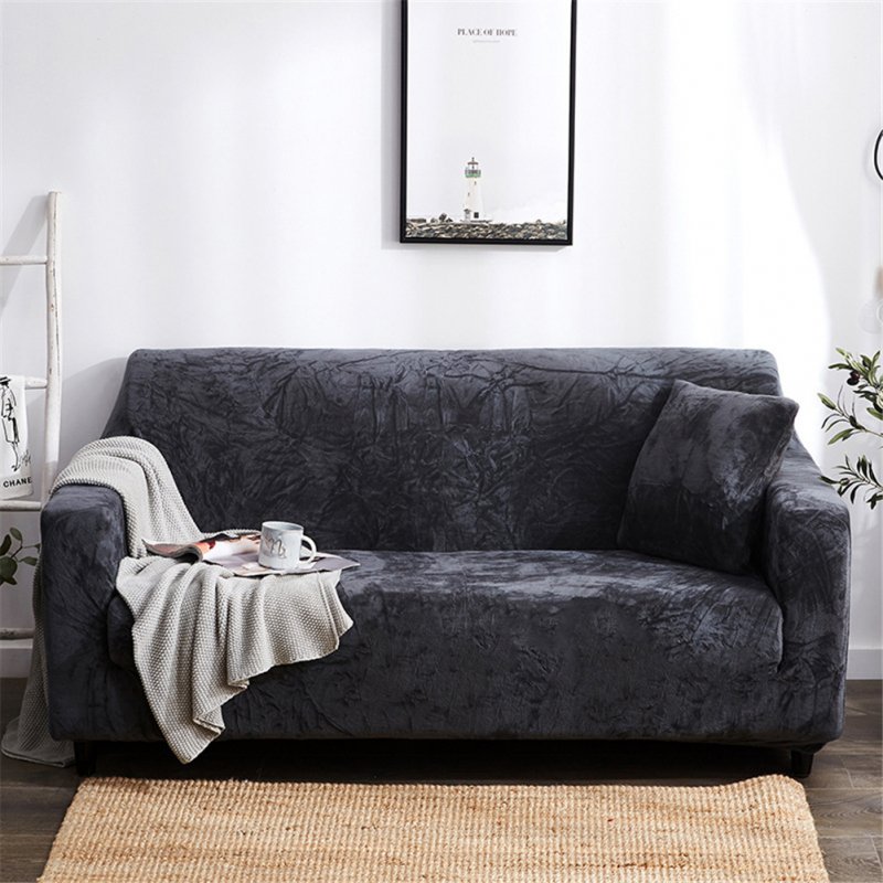 Plush Stretch Sofa Covers Stylish Furniture Cushions Sofa Slipcovers Winter Cover Protector  Dark gray_Double 145-185cm