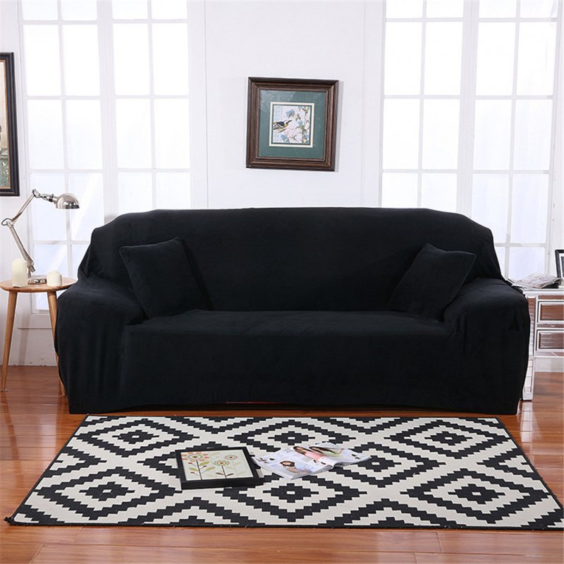 Plush Stretch Sofa Covers Stylish Furniture Cushions Sofa Slipcovers Winter Cover Protector  black_Double 145-185cm