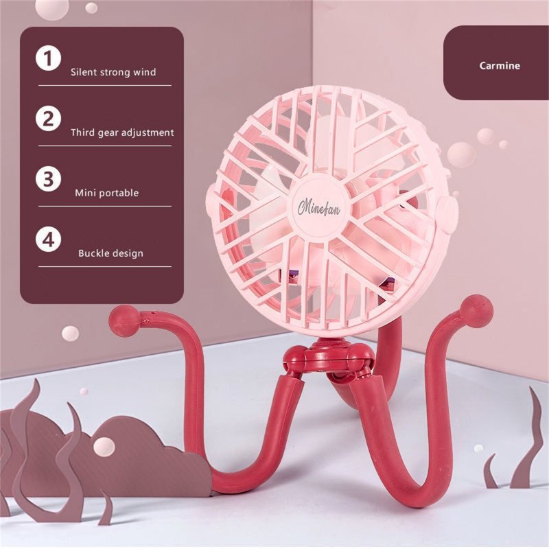 Portable Mini  Fan With Led Light Octopus Bracket Usb Rechargeable Baby Stroller Silent Cooling Fan pink