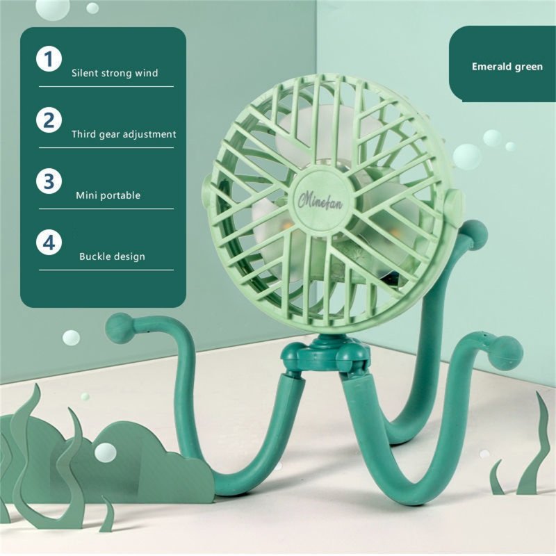 Portable Mini  Fan With Led Light Octopus Bracket Usb Rechargeable Baby Stroller Silent Cooling Fan green