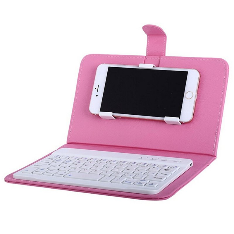 Portable PU Leather Wireless Keyboard Case for iPhone with Bluetooth Keyboard for 4.2-6.8 Inch Phones  pink_Bluetooth keyboard + leather case