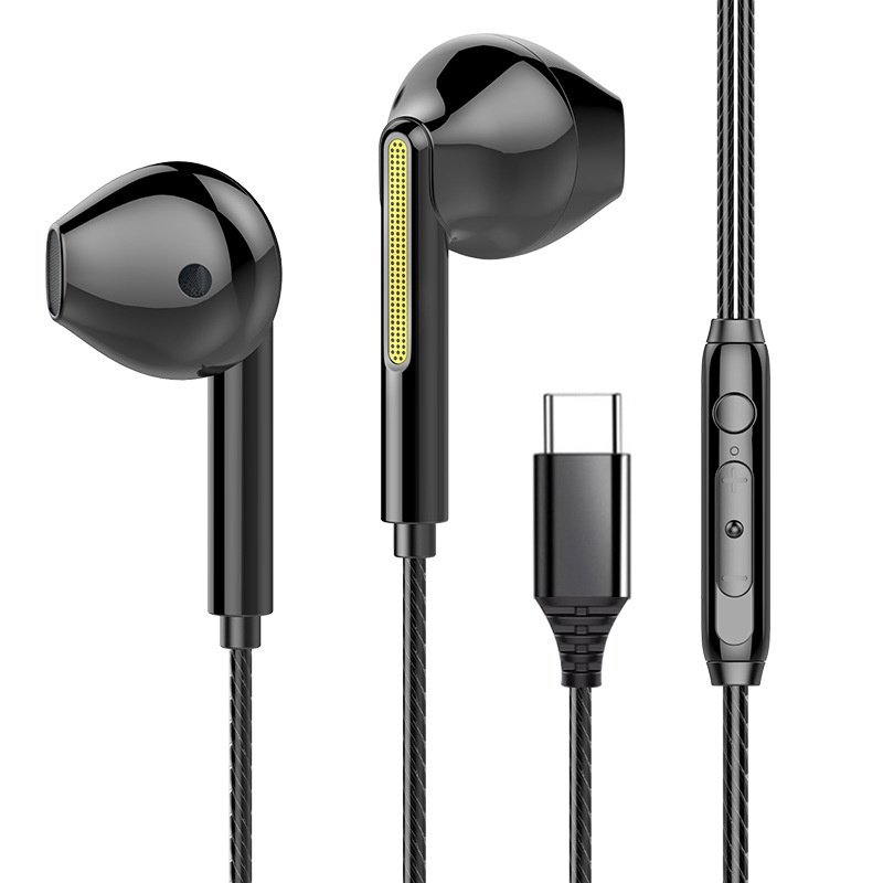 Portable Wired  Headset Heavy Bass Low Latency Excellent Sound Quality Built-in High-definition Microphone In-ear Wired Earphones TYP-C black
