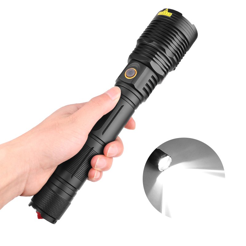 Powerful LED Flashlight XHP70 USB Rechargeable Torch with Safety Hammer for Outdoor black_1967-70