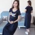 Pregnant Women Summer Short sleeve Long section Dress  Navy blue L
