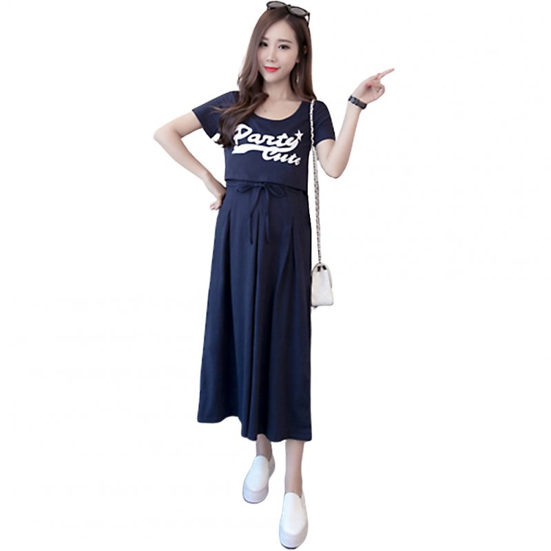 Pregnant Women Summer Short-sleeve Long-section Dress  Navy blue_L