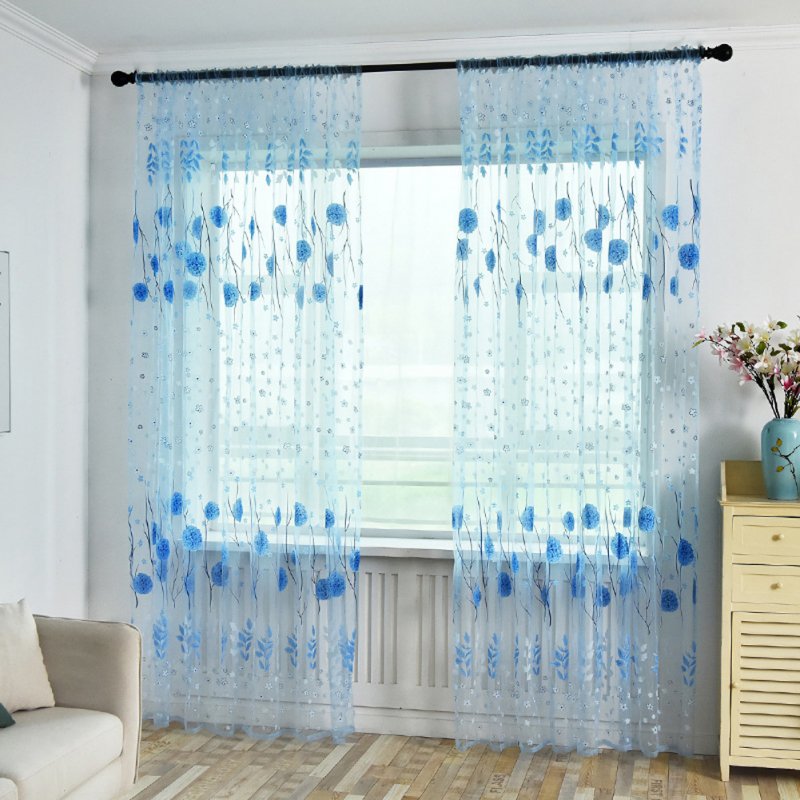 Printed Tulle Transparent Window Screen Bedroom Balcony Curtain blue_W100cm * H200cm