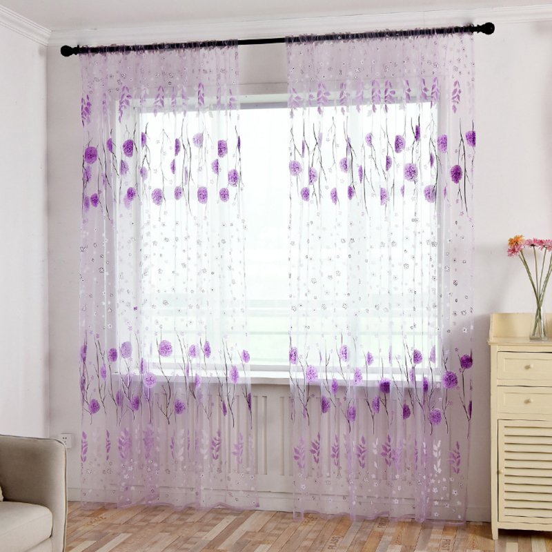 Printed Tulle Transparent Window Screen Bedroom Balcony Curtain purple_W100cm * H200cm