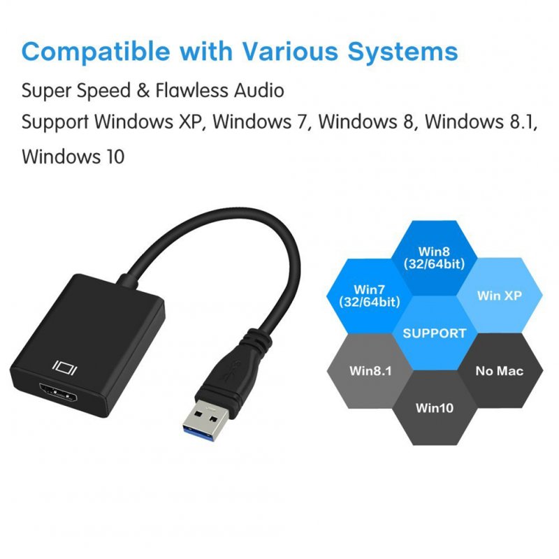 USB 3.0 to HDMI HD 1080P Video Cable Adapter with Audio Output for Windows XP / 10 / 8.1 / 8 / 7 [ NO MAC & VISTA ]  