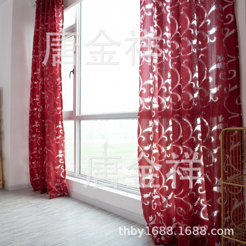Pteris Flower Pattern Tulle Window Curtain for Living Room Bedroom Wine red_1*2.7 meters high