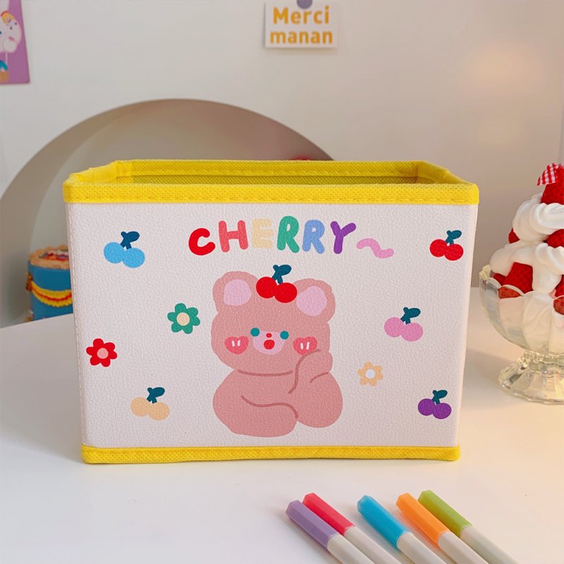 Pu  Leather  Cartoon  Storage  Box Cute Pattern Foldable Desktop Debris Sorting Storage Box 1#cherry bear