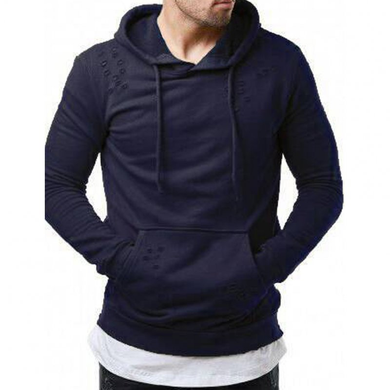 Pure Color Leisure Hole Fashion Men Side zipper Sweatershirt Navy blue_2XL