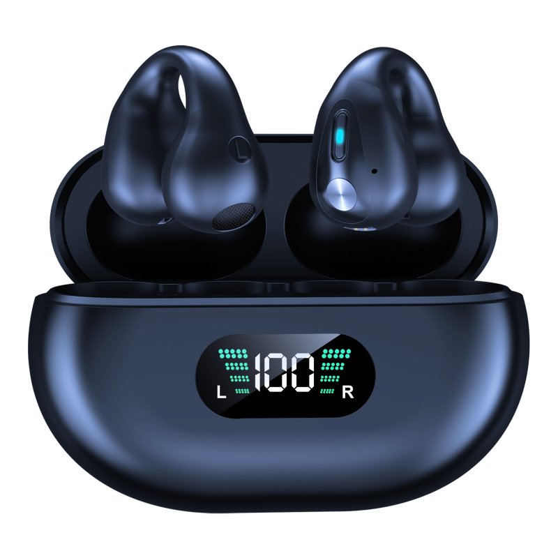 Q80 Wireless Ear Clip Open Ear Headphones Sports Earphones With Built-in Mic Power Display Charging Case Earbuds black