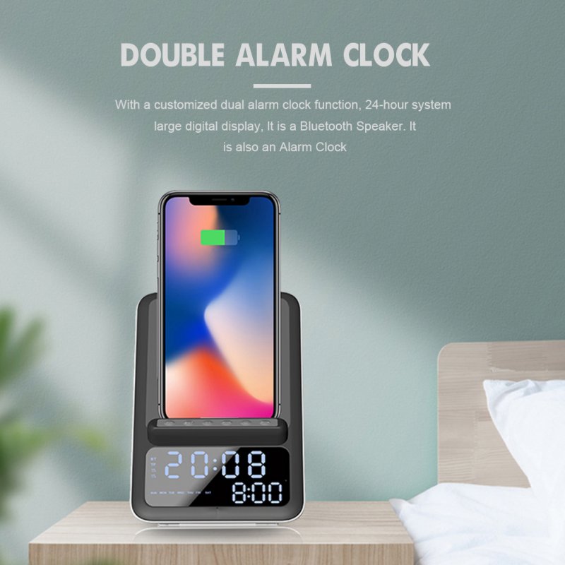 Bluetooth Speaker Smart Alarm Clock Calendar Wireless Charging Dock Mobile Phone Holder Stand Radio 
