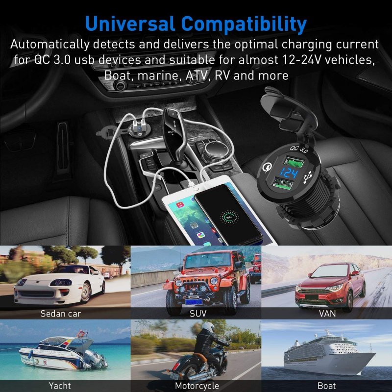 Car Motorcycle Refitted USB Charger Mobile Phone Tablet QC3.0 Metal Quick ChargingBRTK