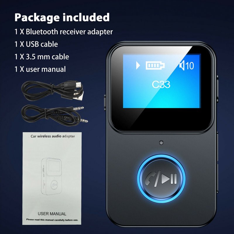 C33 Wireless Audio Receiver 3.5mm Aux Audio Music Adapter Bluetooth 5.0 with Screen Display 