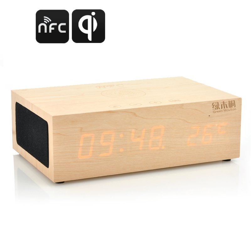QiBox Wireless Qi Charging Wooden LED Clock