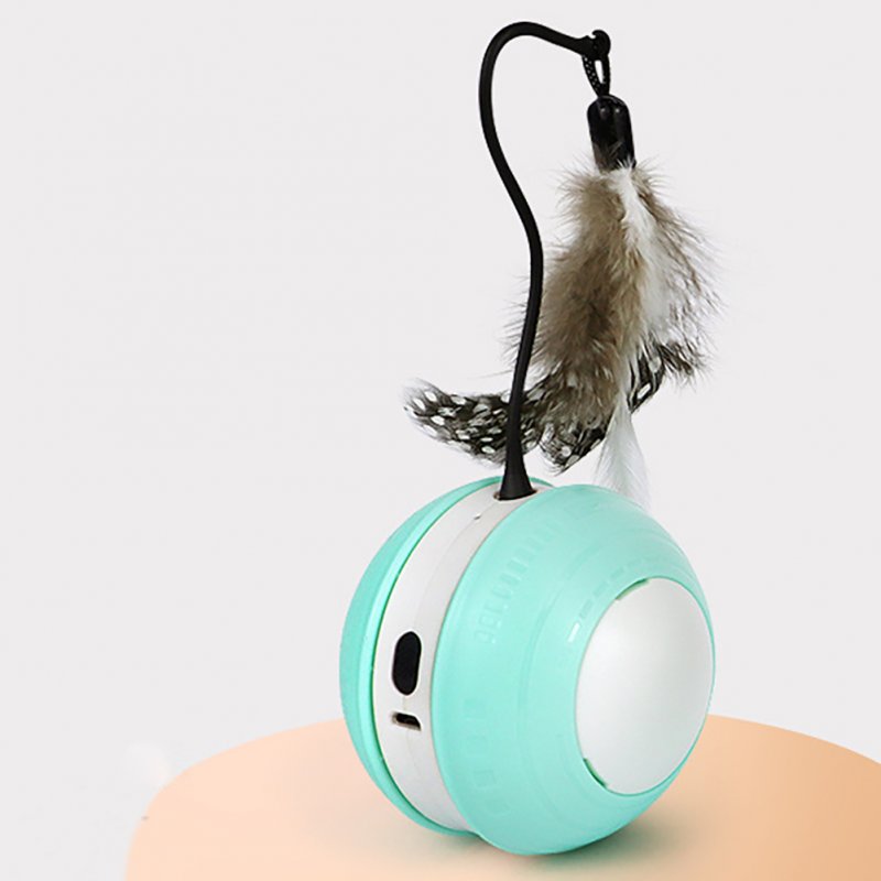 Pet Cat Automatic Moving Ball Toys With Feathers Accessories Usb Rechargeable Luminous Sounding Ball For Indoor Cats green white green hard shell The product diameter is 7.5 and the height of the cat teasing stick is 9cm