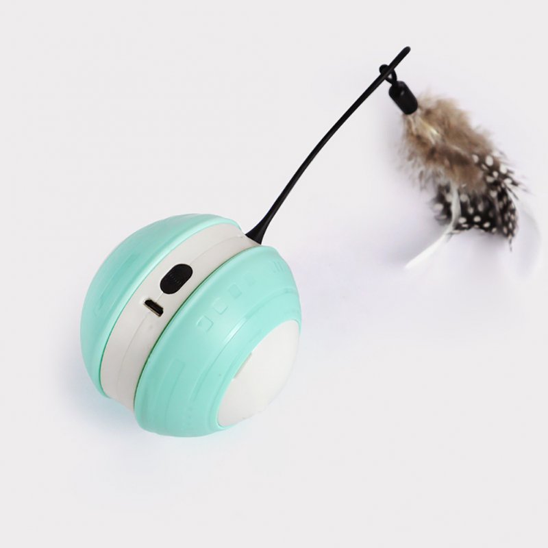 Pet Cat Automatic Moving Ball Toys With Feathers Accessories Usb Rechargeable Luminous Sounding Ball For Indoor Cats green white green hard shell The product diameter is 7.5 and the height of the cat teasing stick is 9cm