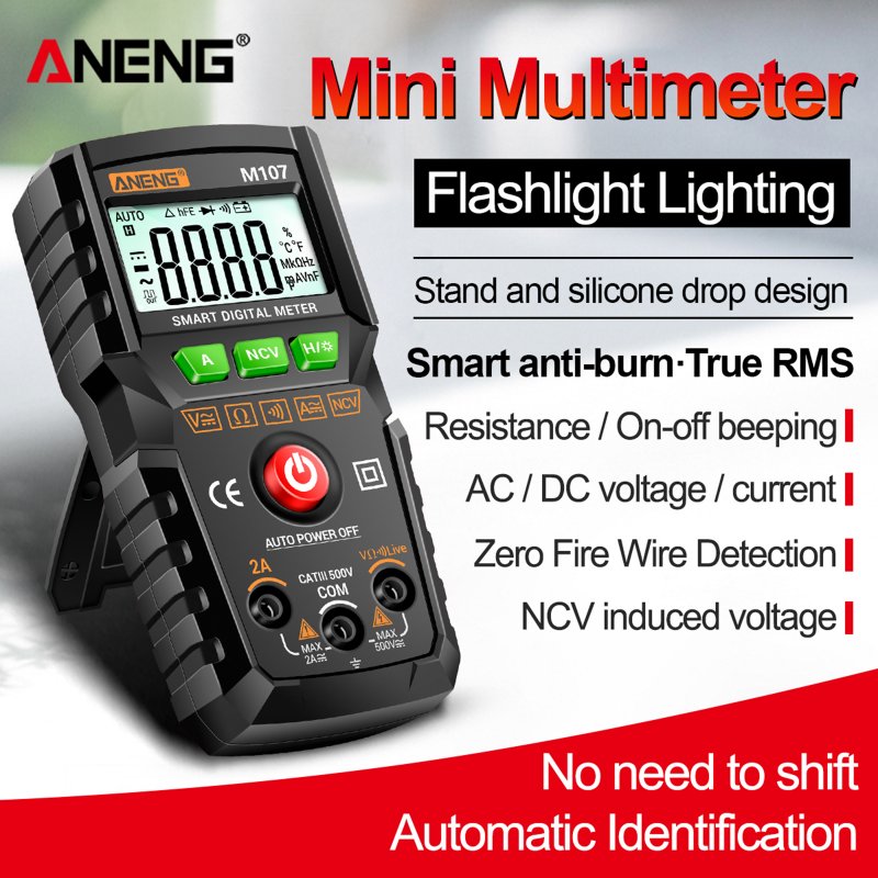 ANENG M107 Digital Multimeter 0-500V 0-2A 4000 Counts Lcd Backlit Tester Red