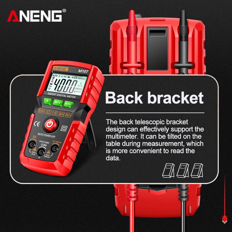ANENG M107 Digital Multimeter 0-500V 0-2A 4000 Counts Lcd Backlit Tester Red