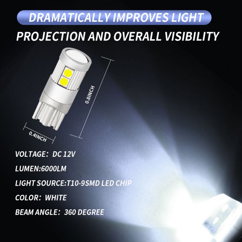 2pcs/set Car Super Bright LED Bulbs T10 9smd Lens Brake Light Turn Signal Indoor Reading Light White light