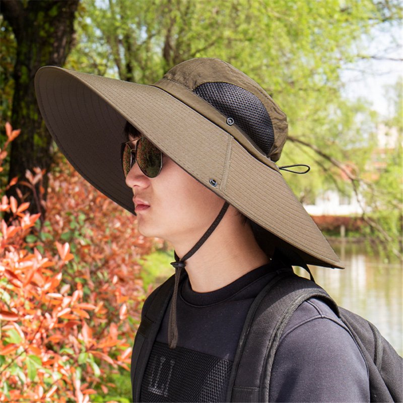Quick-drying Fabric Fisherman Hat Protection Long Large Wide Brim Mesh Hiking Outdoor Beach Cap Pure color-brown_m-56-58cm