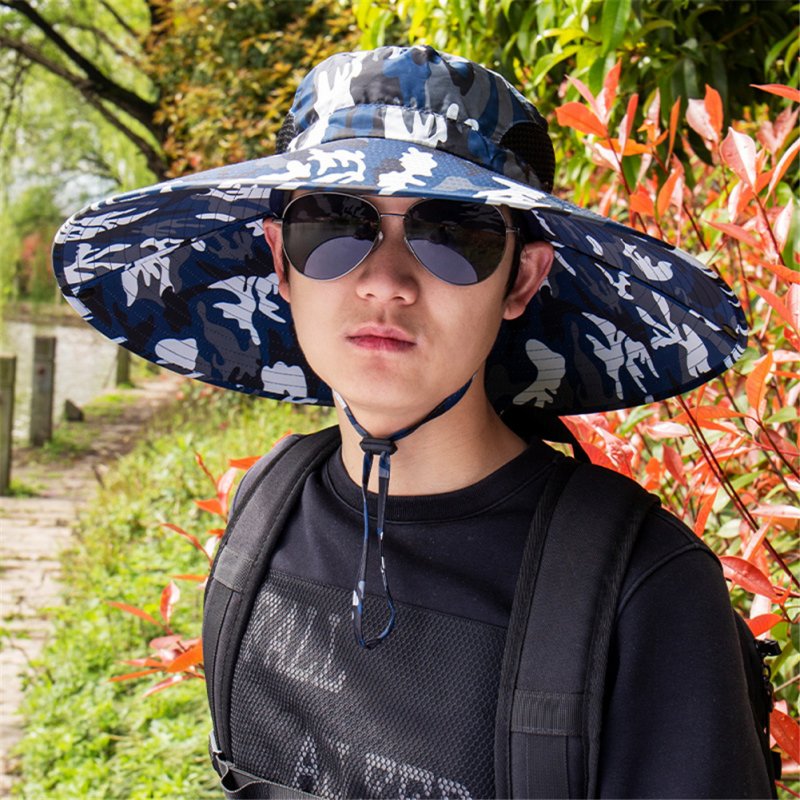 Quick-drying Fabric Fisherman Hat Protection Long Large Wide Brim Mesh Hiking Outdoor Beach Cap Camouflage-Navy_m-56-58cm
