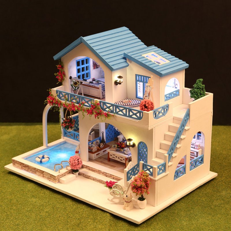 DIY Dollhouse Miniature Kit Blue and White Town Handmade Villa Model Ornaments 