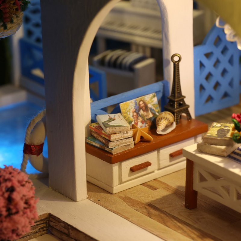 DIY Dollhouse Miniature Kit Blue and White Town Handmade Villa Model Ornaments 