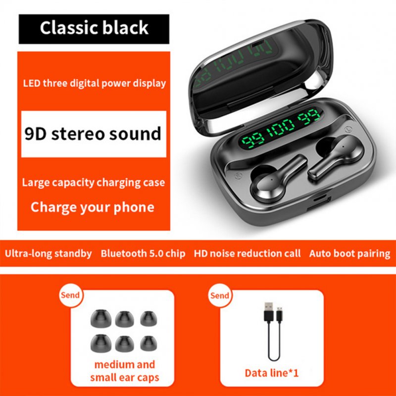 R3 Binaural Bluetooth-compatible Headset Digital Display In-ear Type Stereo Touch-control Sports Wireless Headphones With Power Bank Function black