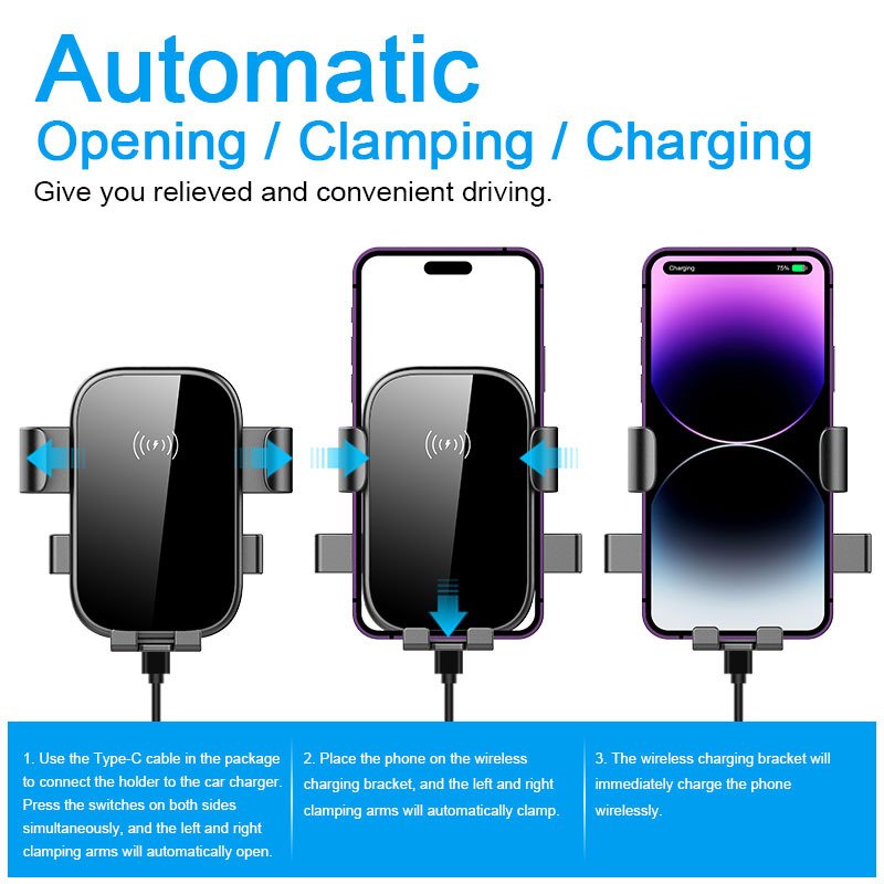 Wireless Car Charger 15W Fast Charging Auto-Clamping Car Charger Phone Mount Air Vent Cell Phone Holder For 4.5-6.7 Inch Phone 