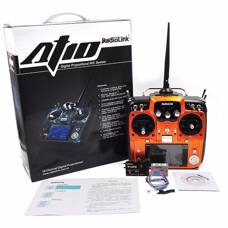 Radiolink AT10II 12CH RC Transmitter and Receiver R12DS 2.4GHz DSSS&FHSS Spread Radio Remote Controller for RC Drone/Fixed Wing/Multicopters/Helicopter - Left Hand Throttle Orange