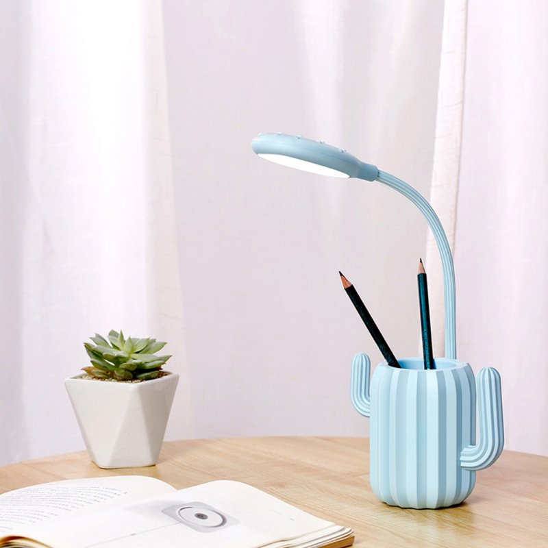 Rechargeable Flexible Lamp Cactus Shape with Pen Holder Creative 13 LED USB Touch  Night Reading Light Eye Protective Lamp blue