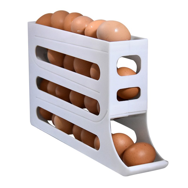 Refrigerator Egg Holder Automatic Rolling Chicken Egg Organizer Holder Storage Box Roll-Down Food Storage Holder Space Saving Rolling Egg Dispenser For Cabinet Refrigerator White