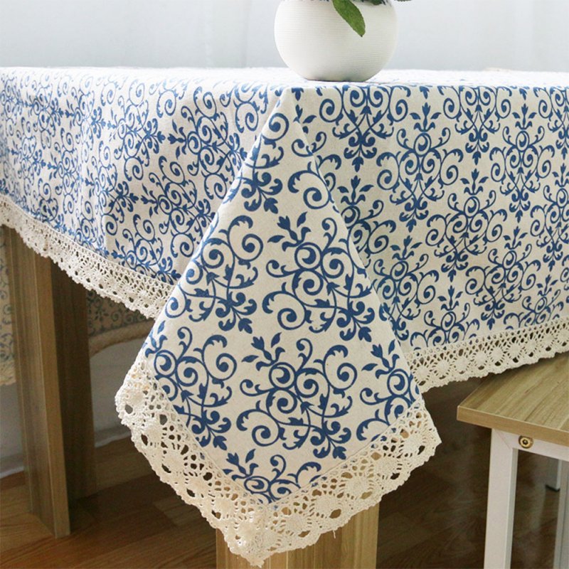 Retro Blue and White Porcelain Tablecloth with Lace Cotton Linen Table Cover for Dinning Home Decor Blue and white porcelain_90*90