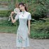 Retro Cheongsam Dress For Women Fashion Chinese Style Printing Stand Collar A line Skirt Short Sleeves Midi Skirt apricot L