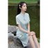 Retro Cheongsam Dress For Women Fashion Chinese Style Printing Stand Collar A line Skirt Short Sleeves Midi Skirt apricot L