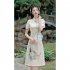 Retro Cheongsam Dress For Women Fashion Chinese Style Printing Stand Collar A line Skirt Short Sleeves Midi Skirt apricot L